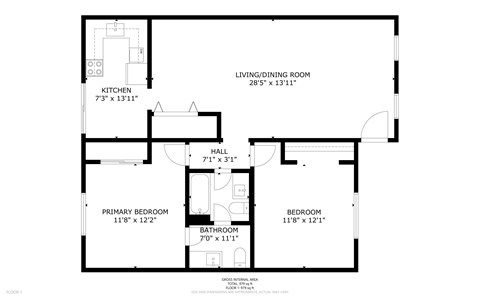 A floor plan of a small apartment with a living room, dining room, kitchen, and three bedrooms.